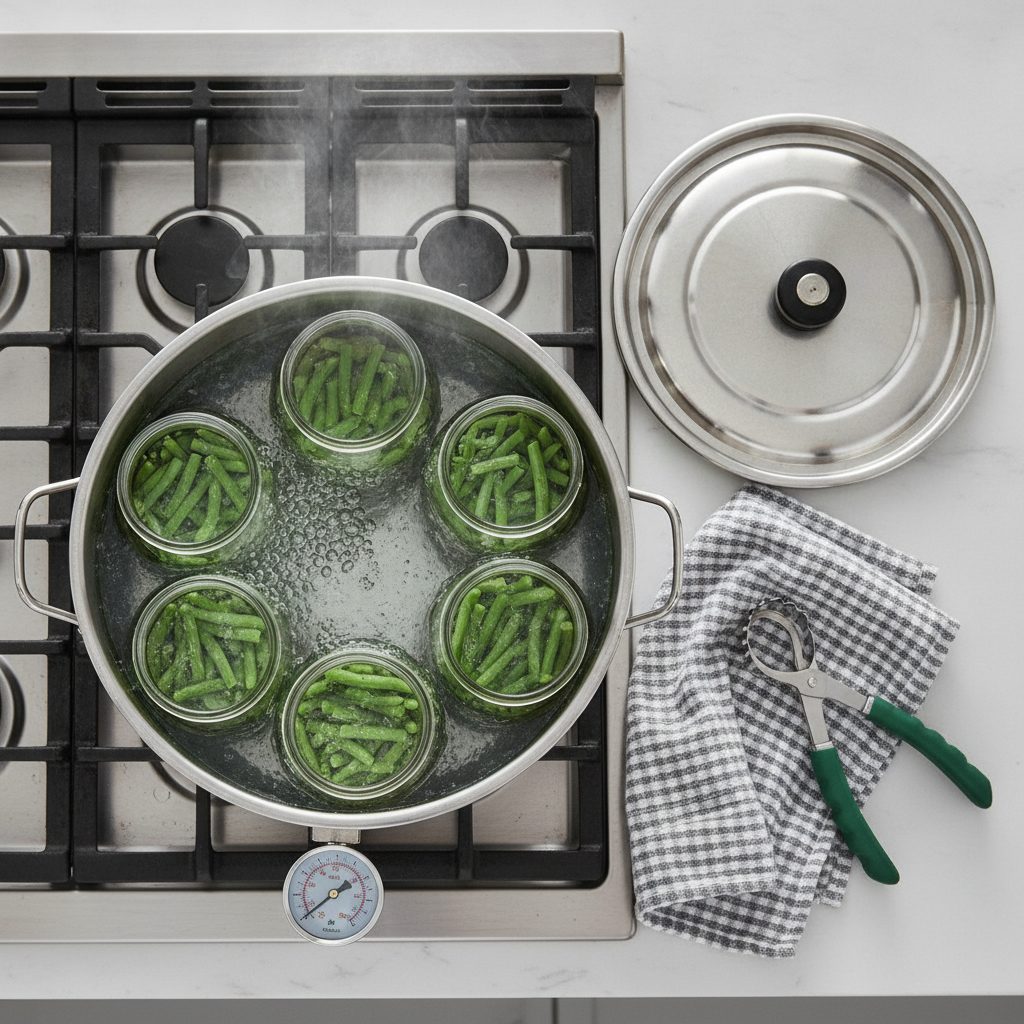 Pressure canner filled with quart jars of green beans being processed at home for safe long-term storage