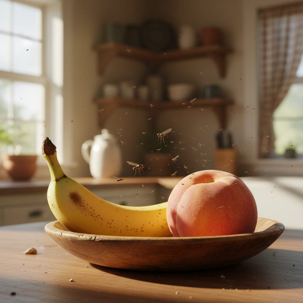Tiny brown fruit flies hovering above ripe banana and peach in a wooden bowl on a sunlit kitchen counter, the most common scene when learning how to get rid of fruit flies.