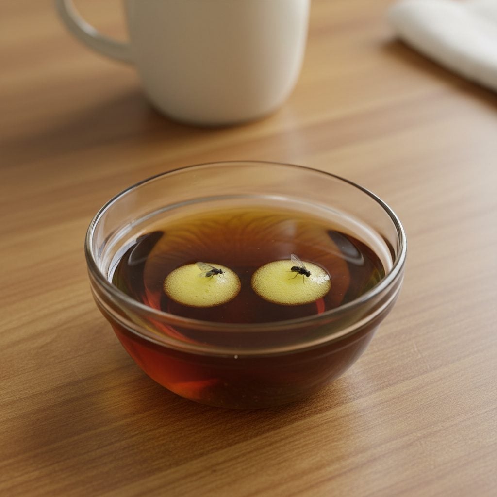Apple cider vinegar and dish soap DIY fruit fly trap in a clear glass bowl on a wooden counter, the most reliable homemade method for how to get rid of fruit flies.