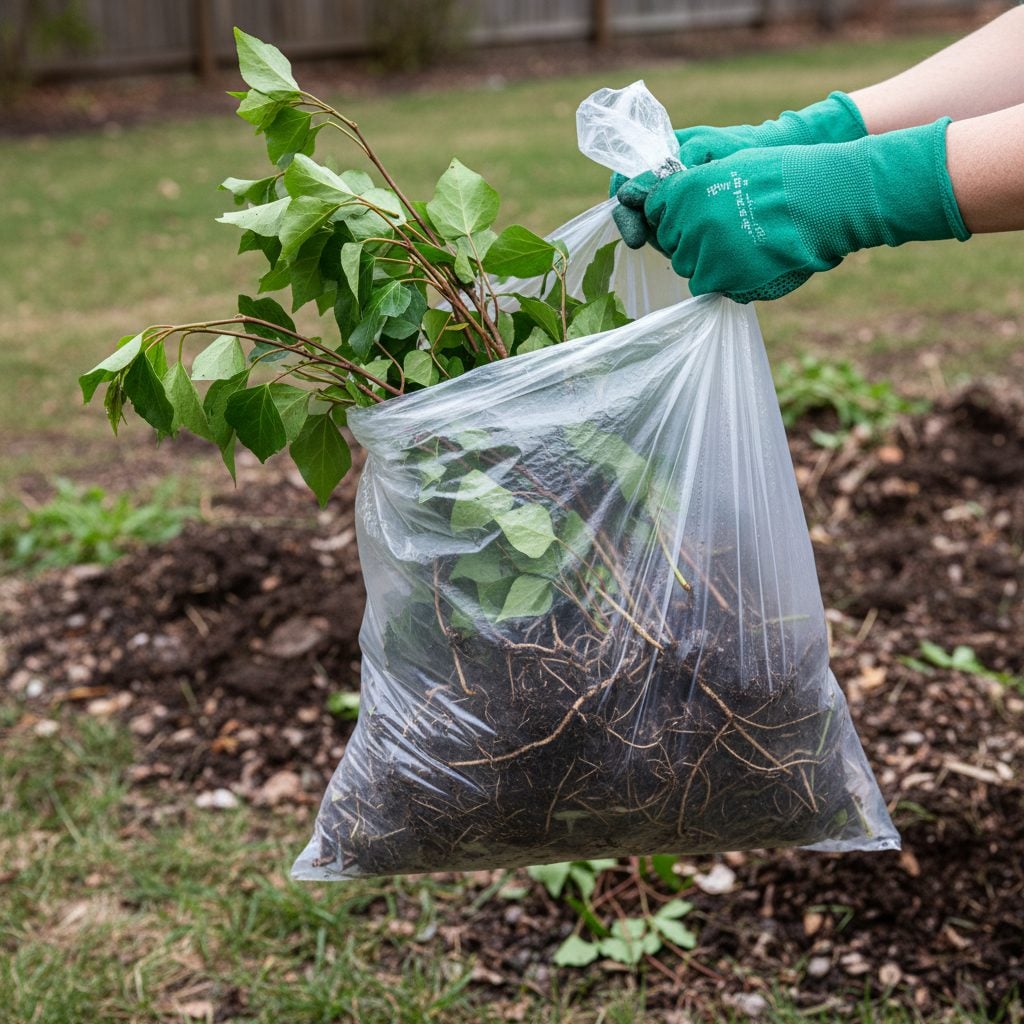 Gloved hands holding a plastic bag of pulled poison ivy with roots, the safest non-chemical way to get rid of poison ivy