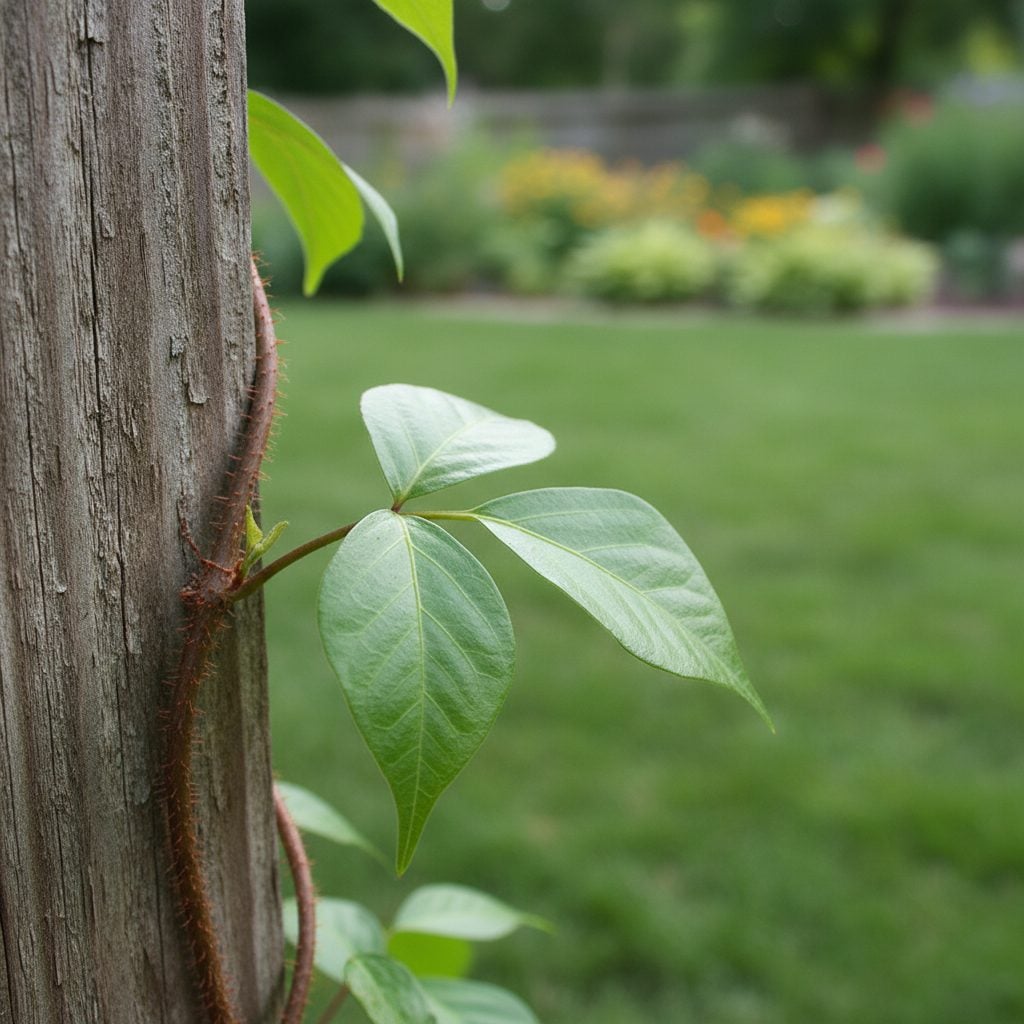 Close-up of a poison ivy vine showing three glossy almond-shaped leaflets climbing a wooden fence post in a suburban backyard