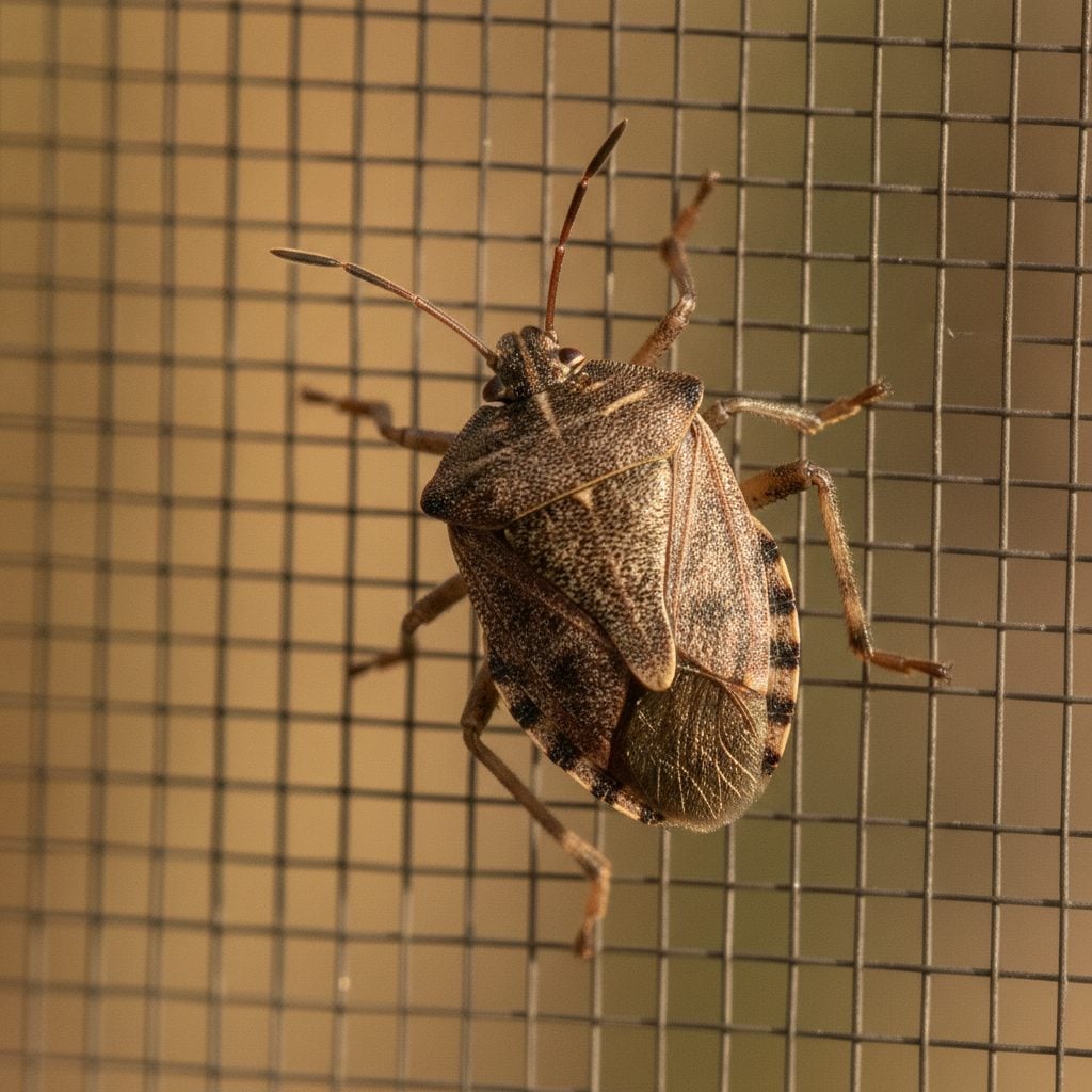A brown marmorated stink bug with a shield-shaped body rests on a window screen, the pest this stink bug guide explains how to get rid of