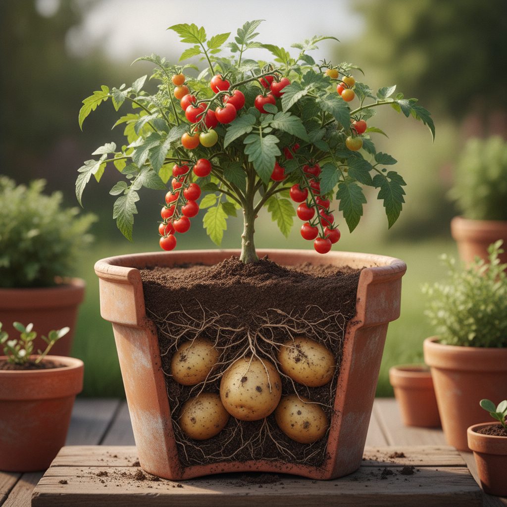 A grafted pomato plant with red tomatoes on the vines above the soil and potatoes in the dirt below, showing how to grow a pomato plant