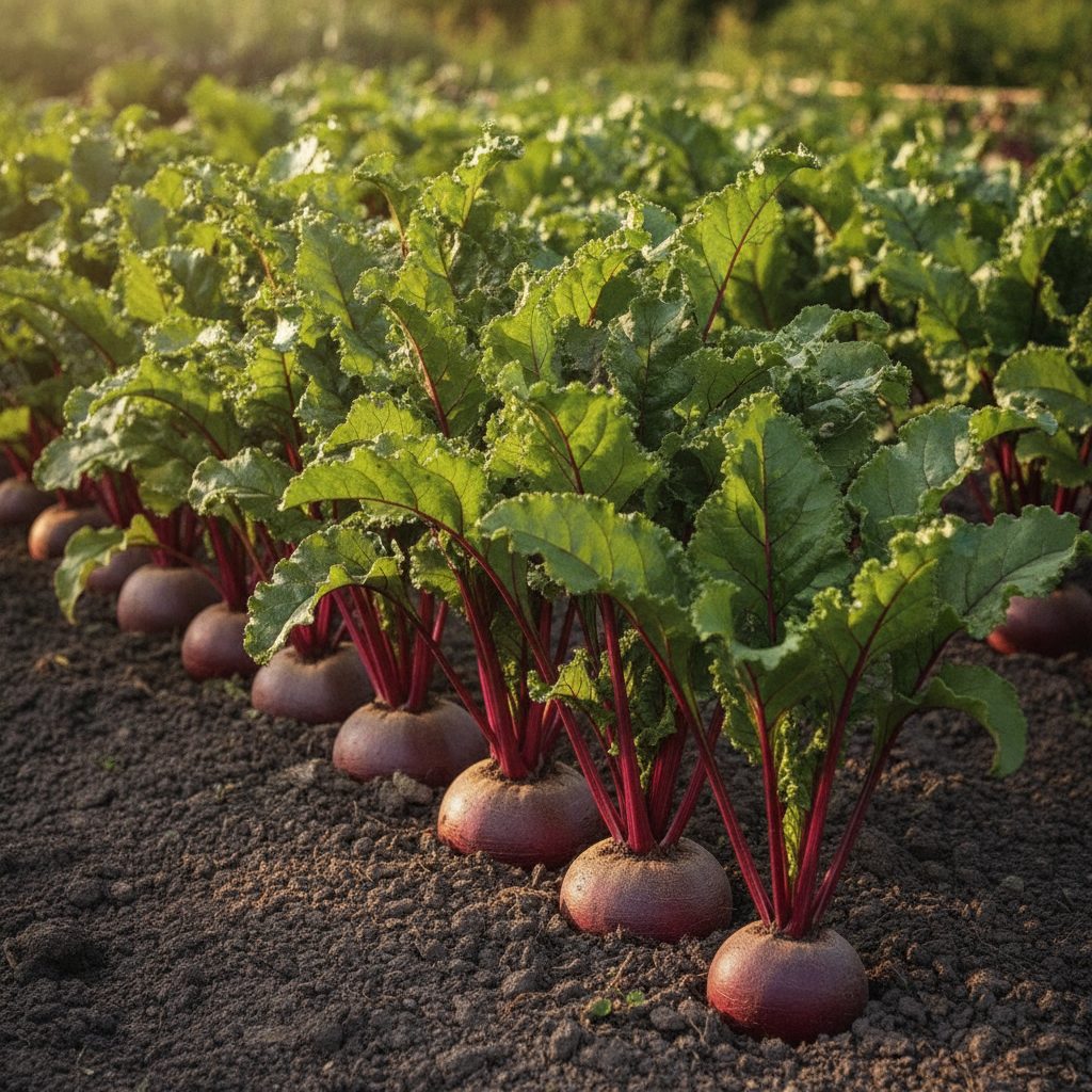Deep red beet roots growing in dark garden soil with bright pink stems and green leaves, showing how to grow beets
