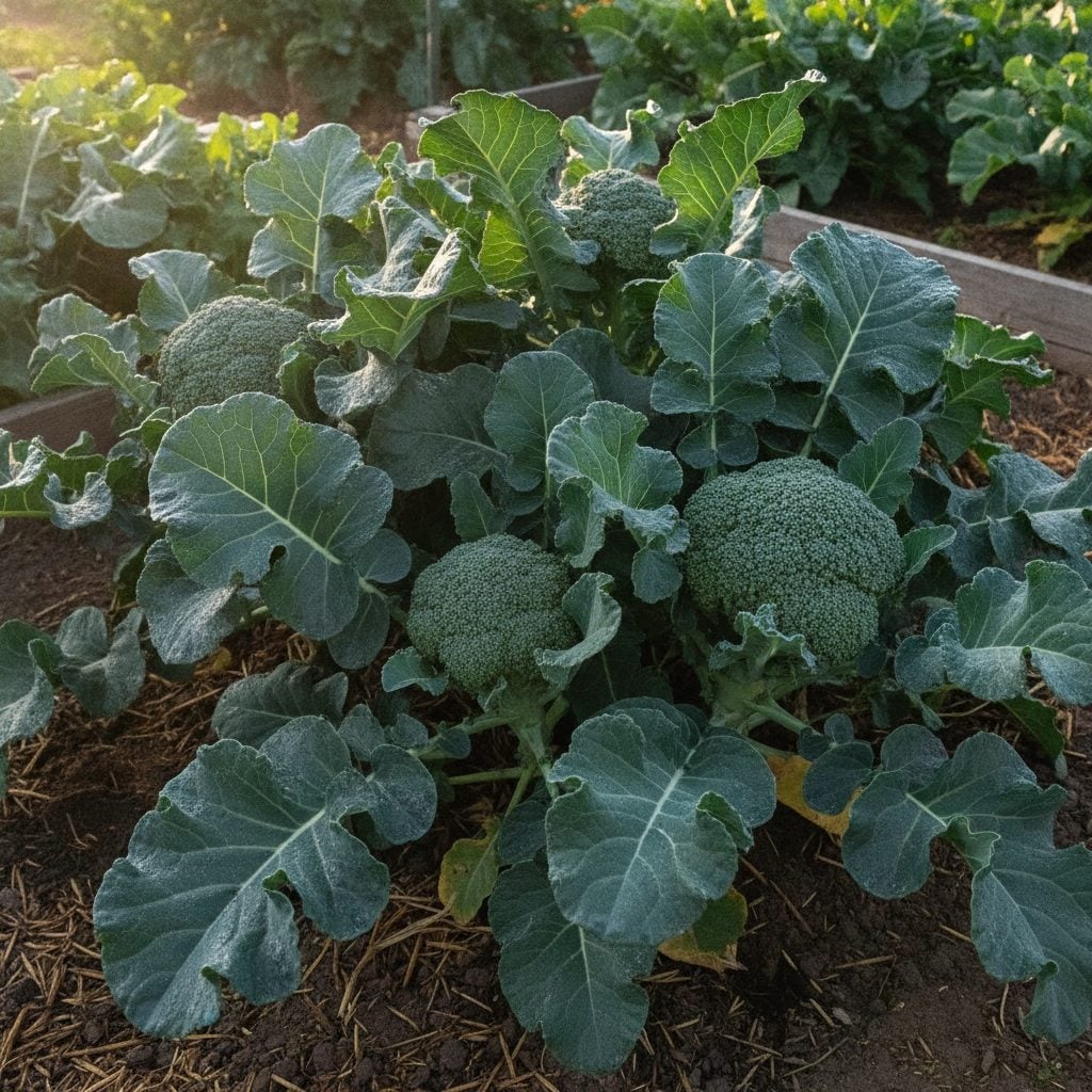 Mature broccoli heads ready for harvest growing among large green leaves in a sunny garden bed, showing how to grow broccoli