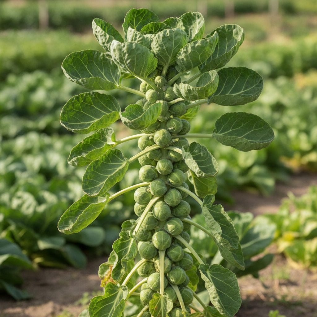 Rows of firm green Brussels sprouts growing on a tall garden stalk, showing how to grow Brussels sprouts to harvest