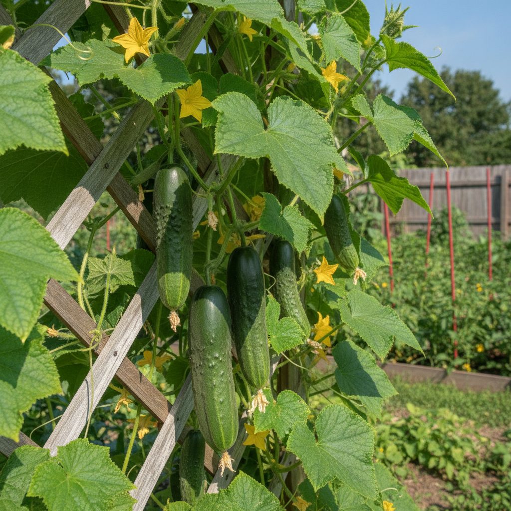 Green cucumbers growing on a leafy vine climbing a wooden trellis in a summer garden, showing how to grow cucumbers