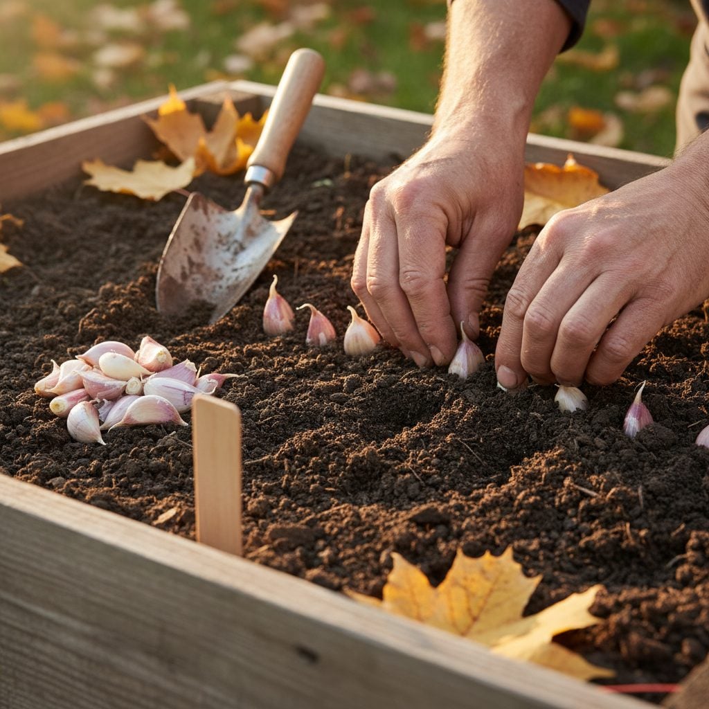 Gardener's hands planting garlic cloves point-up into rich soil in a raised autumn bed with fallen yellow leaves around the edges