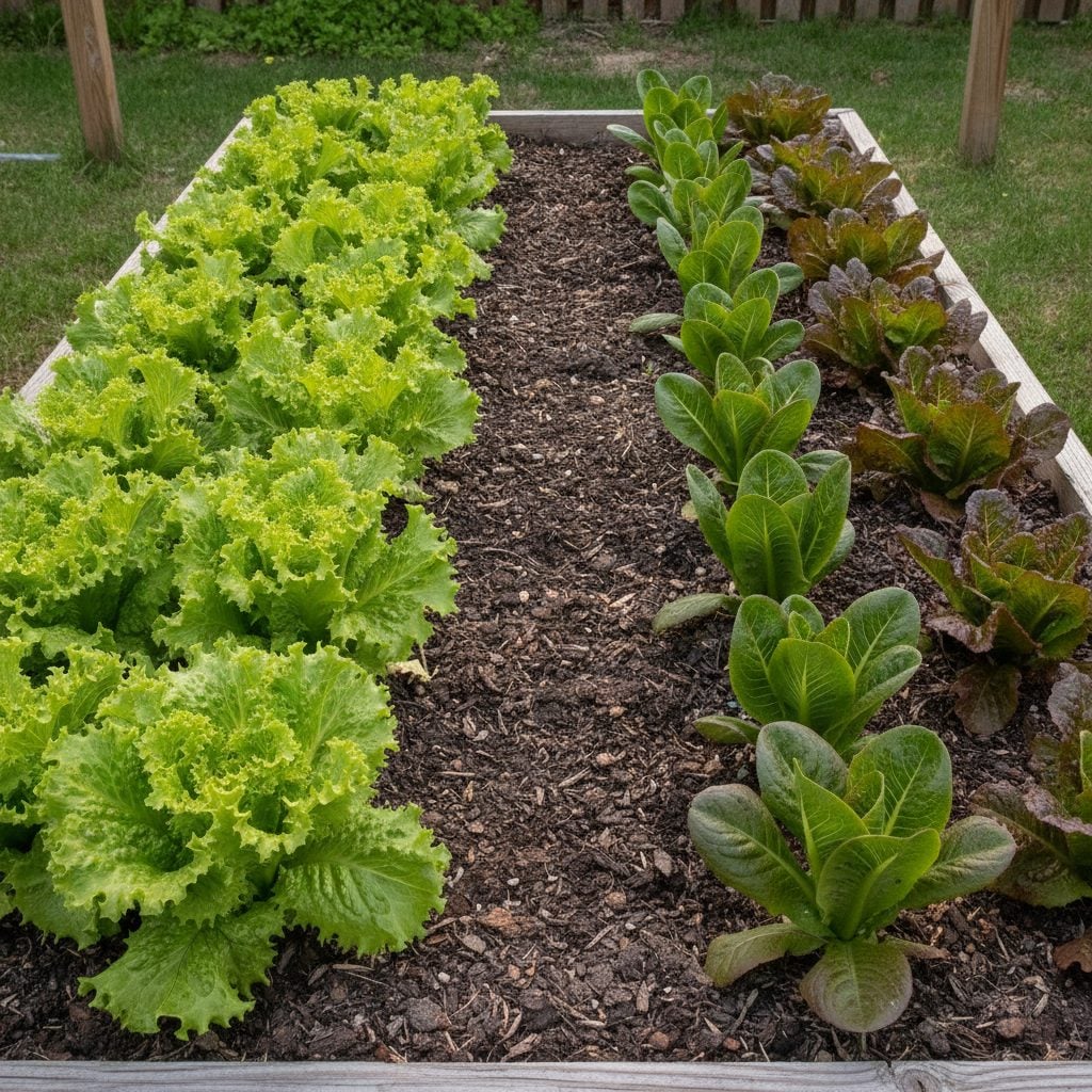 Rows of green and red leaf lettuce growing in a raised garden bed, showing how to grow lettuce in cool spring weather