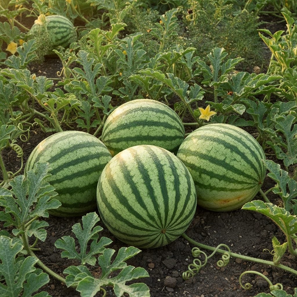Striped green watermelons growing on the vine in a sunny garden, showing how to grow watermelon to harvest