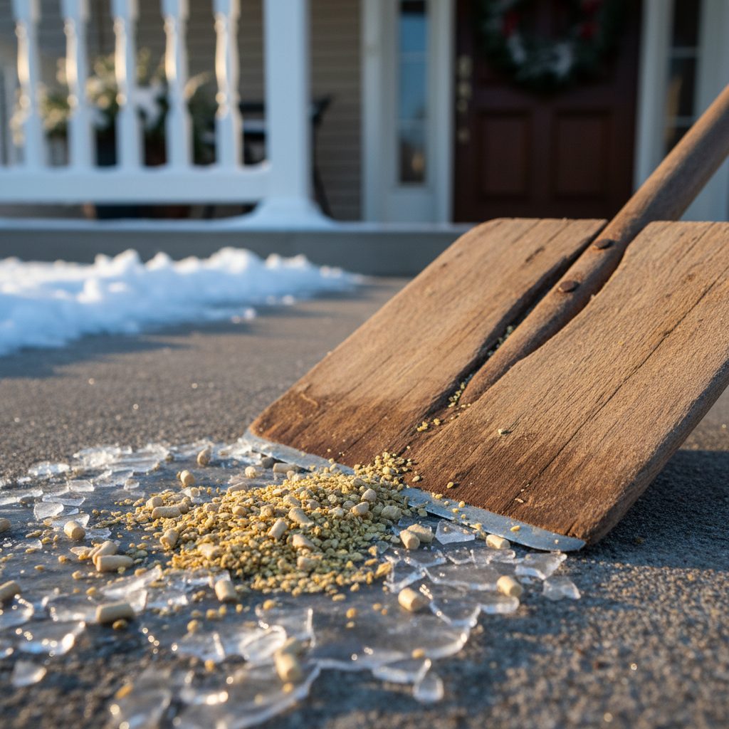 Natural deicer granules scattered on melting ice along a frosted suburban walkway at sunrise