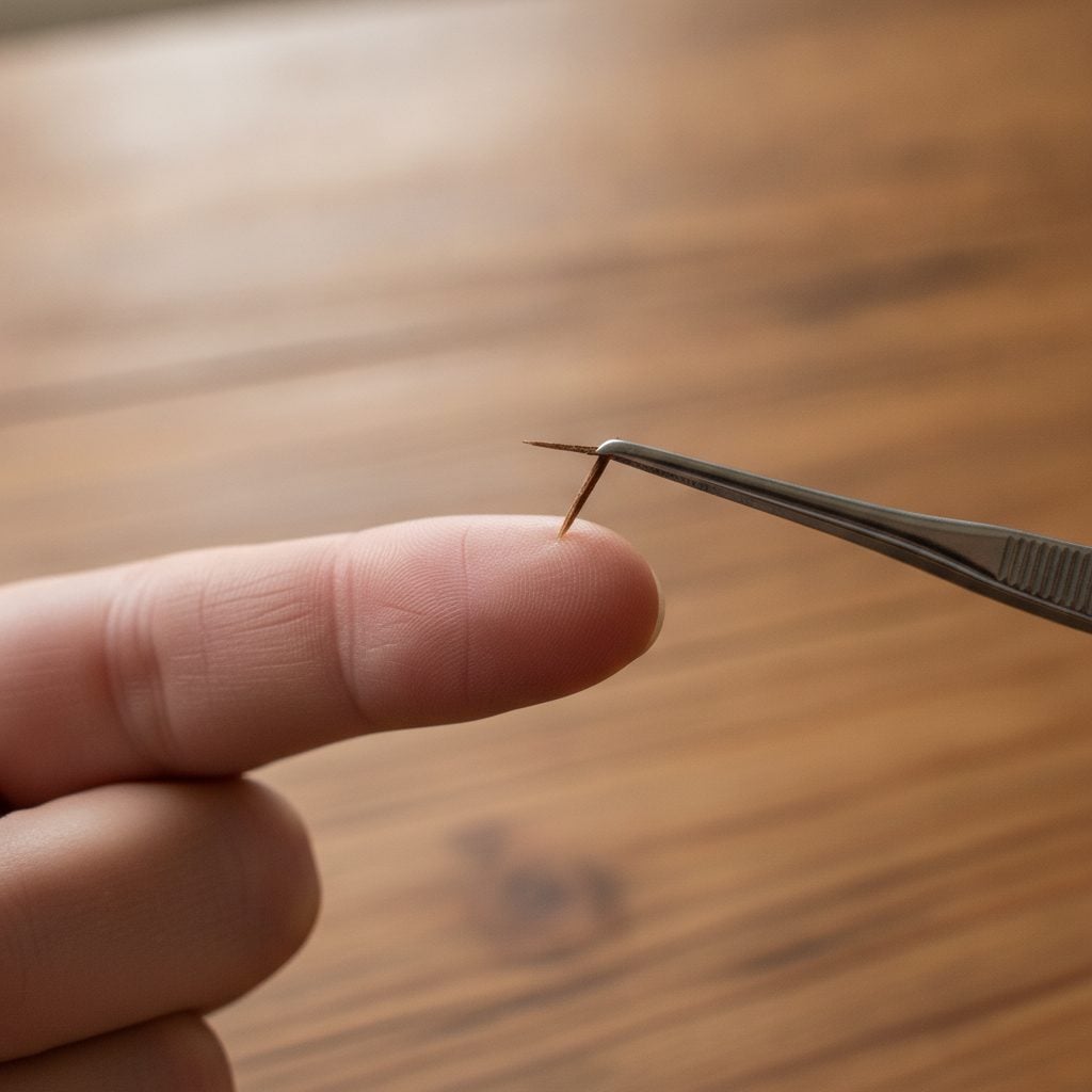 Clean tweezers lifting a small wood splinter from a fingertip, one simple way to remove a splinter at home