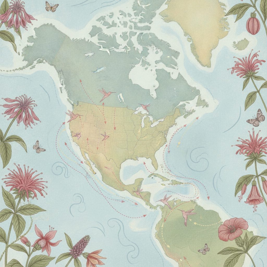 Painted educational map of North America showing hummingbird migration routes with arrows pointing south.