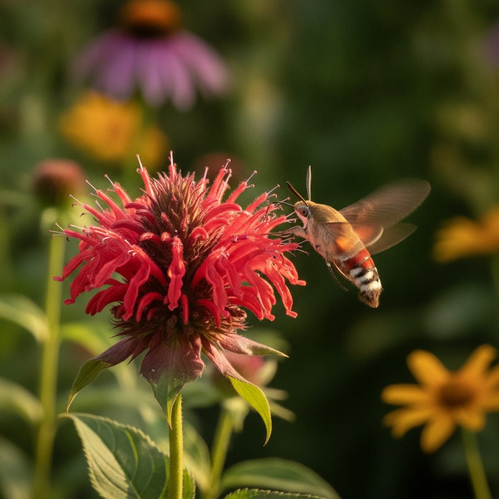 Snowberry clearwing hummingbird moth hovering with rapid wing blur in front of a vibrant red bee balm flower in a sunny summer garden.