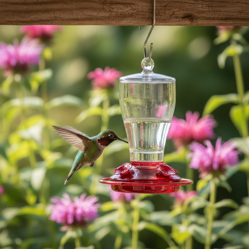 Ruby-throated hummingbird hovering at a clear red glass feeder of homemade hummingbird nectar recipe in a summer garden