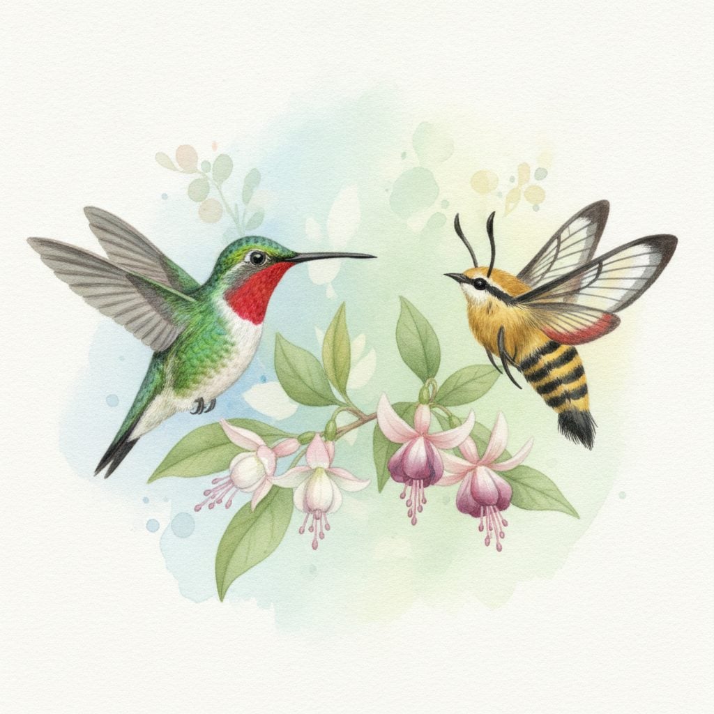Painted side-by-side illustration of a ruby-throated hummingbird and a hummingbird moth both shown hovering for comparison.
