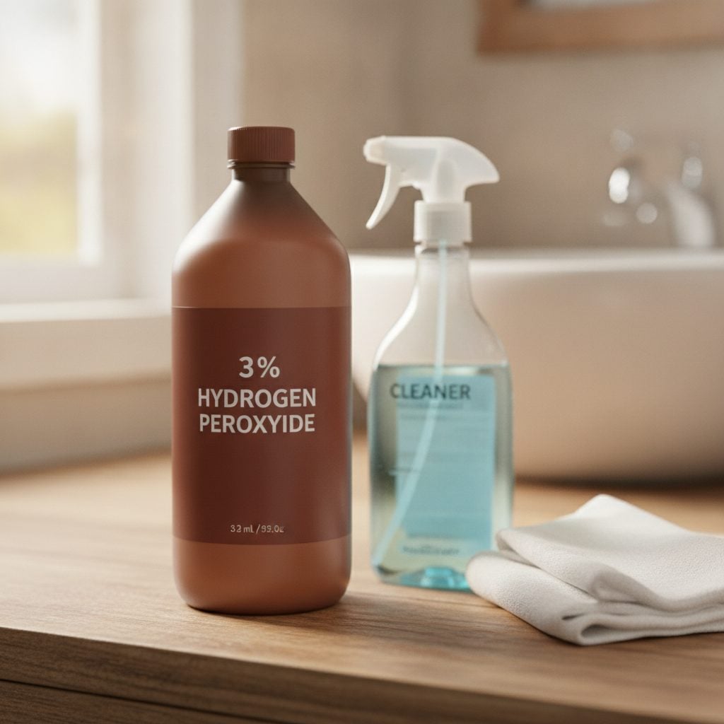 Standard brown bottle of 3 percent hydrogen peroxide on a wooden bathroom counter beside a spray bottle of diluted cleaner and a clean cotton cloth.