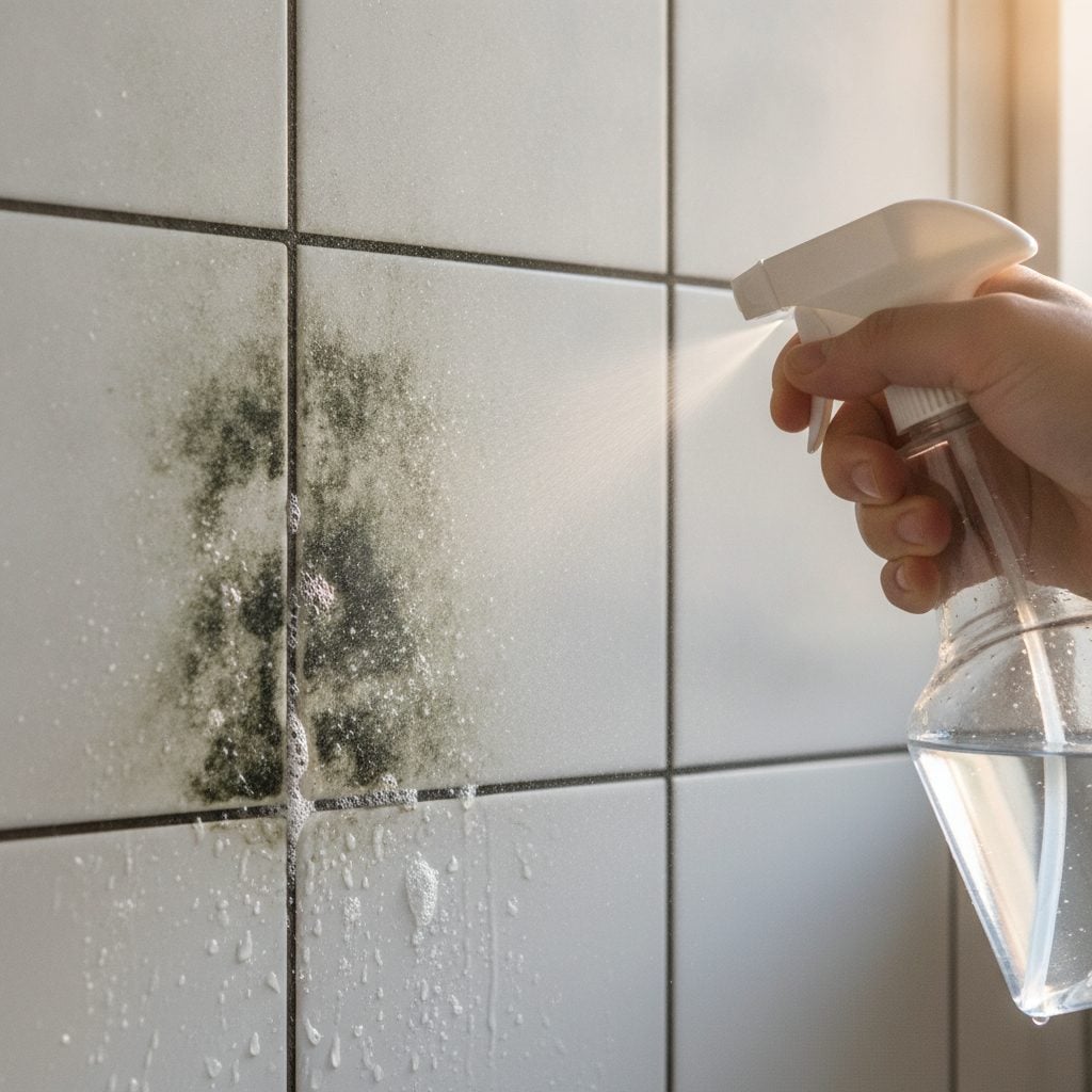 Spray bottle of diluted hydrogen peroxide being sprayed on dark mildew stains on bathroom tile grout in soft bathroom light.
