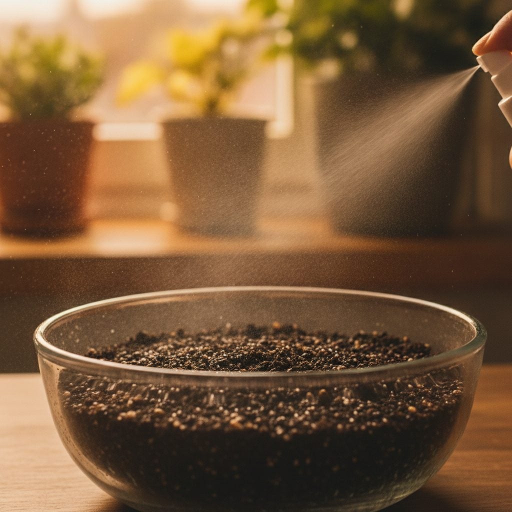 Small glass bowl of seed-starting mix being sprayed with diluted hydrogen peroxide solution before seeds are placed in soft window light.