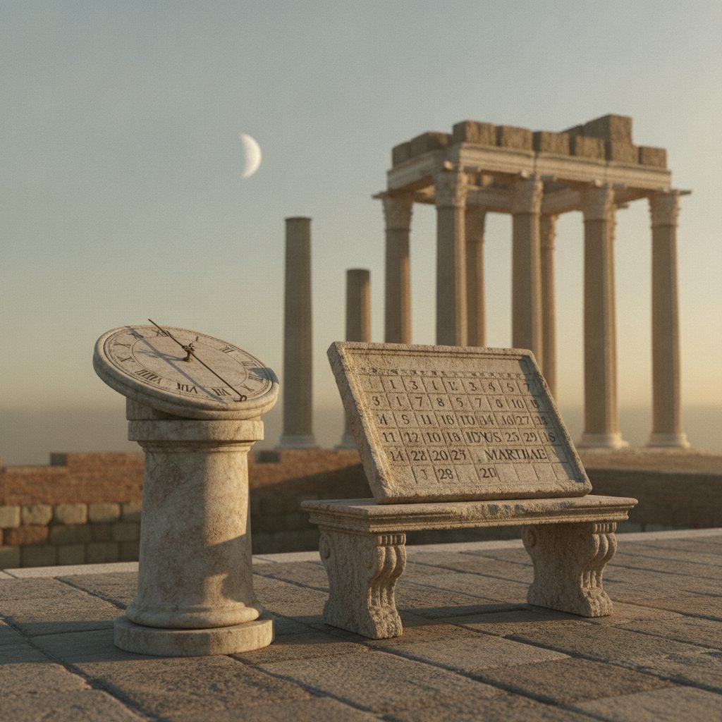 A Roman marble sundial and stone calendar tablet under columns at dusk, evoking the Ides of March on March 15th