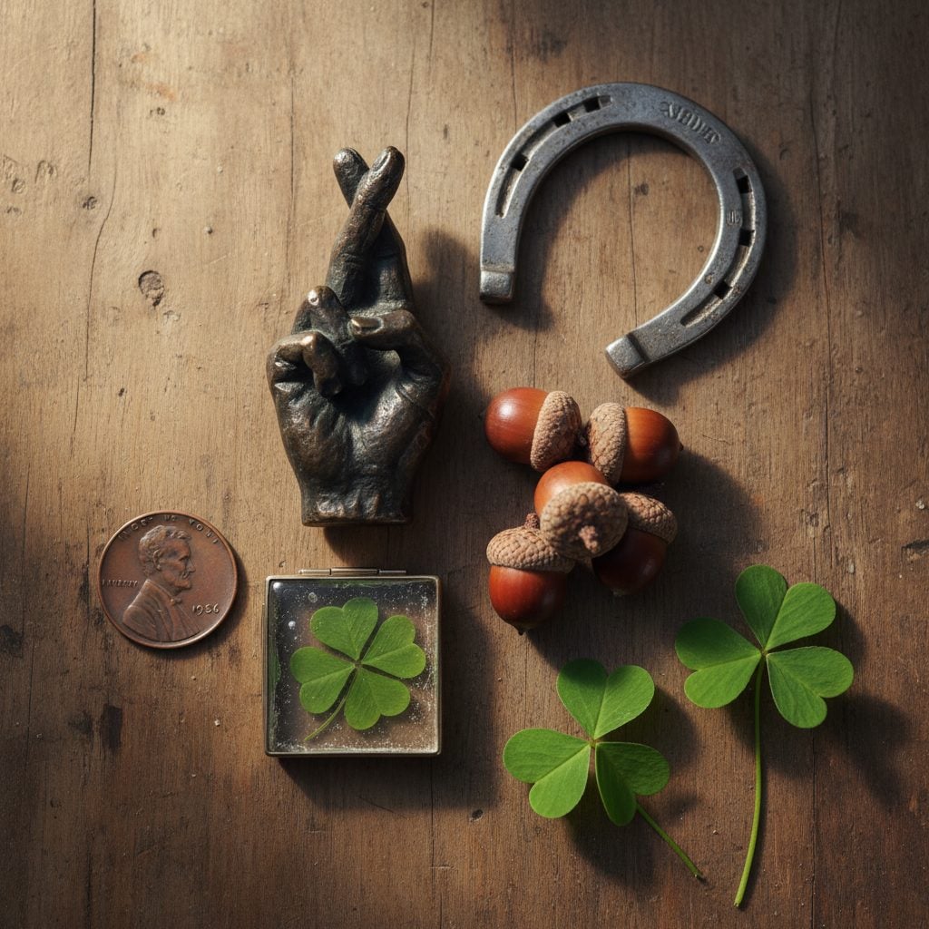 Flat-lay of lucky charms (crossed fingers cast, acorns, four-leaf clover, heads-up penny, horseshoe, shamrock) on a wooden table to improve your luck Friday the 13th