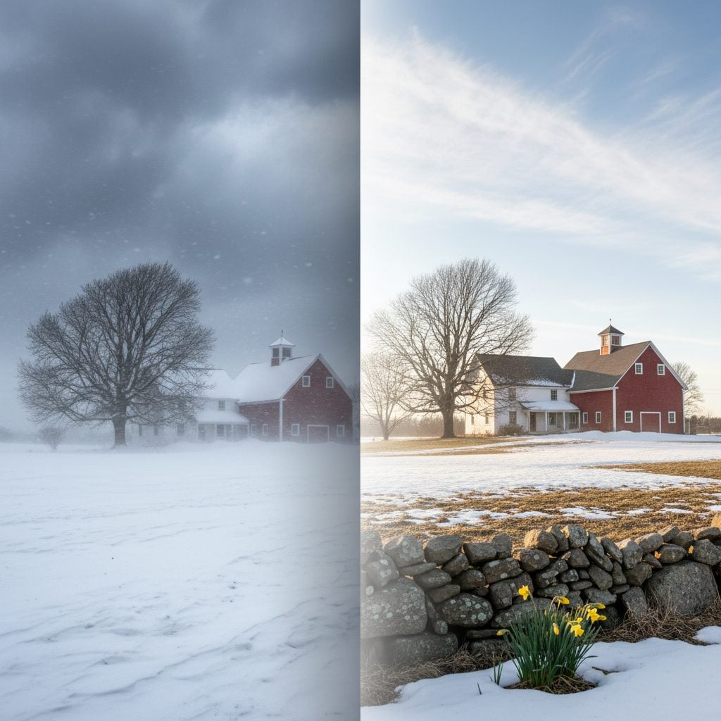 Split March weather scene with a roaring snowstorm on one side and a calm thawing farmhouse landscape on the other