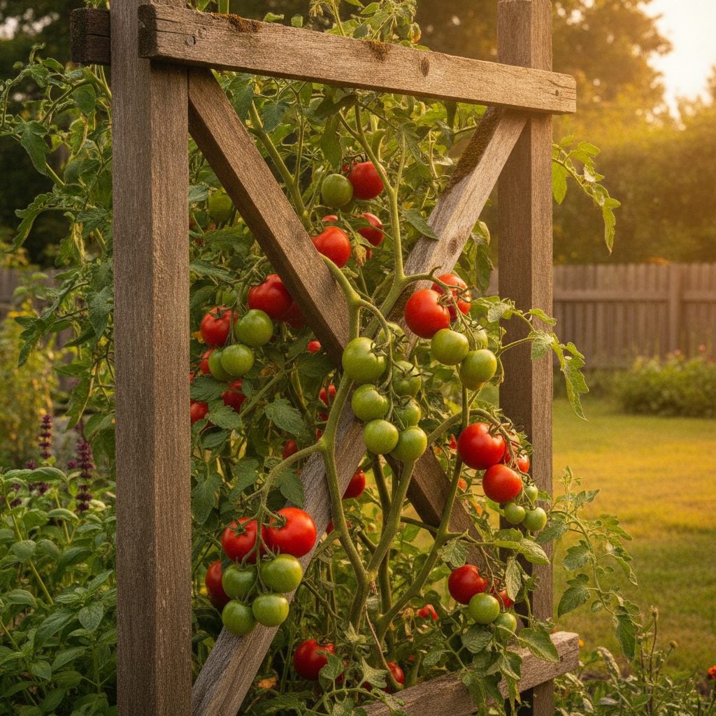Thriving indeterminate tomato plant heavy with red and green fruit growing up a wooden trellis in a sunny vegetable garden.
