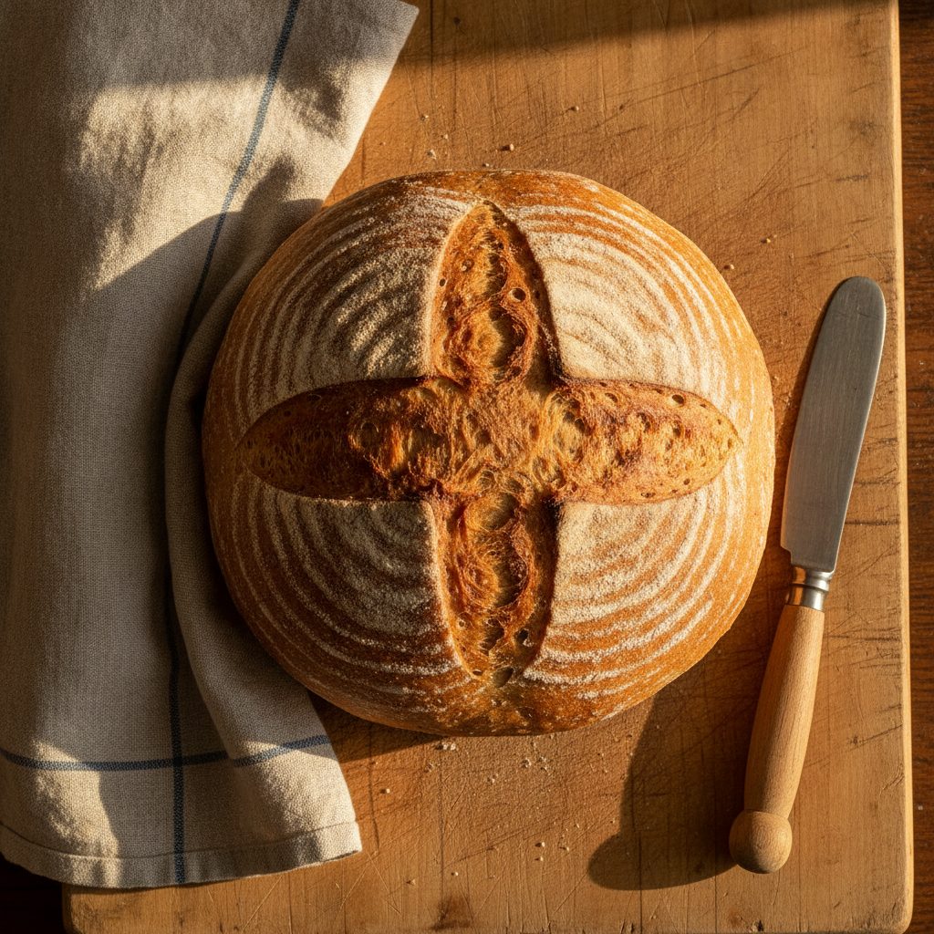 Freshly baked round loaf of Irish soda bread with a deep cross cut into the top on a wooden cutting board with a linen tea towel.