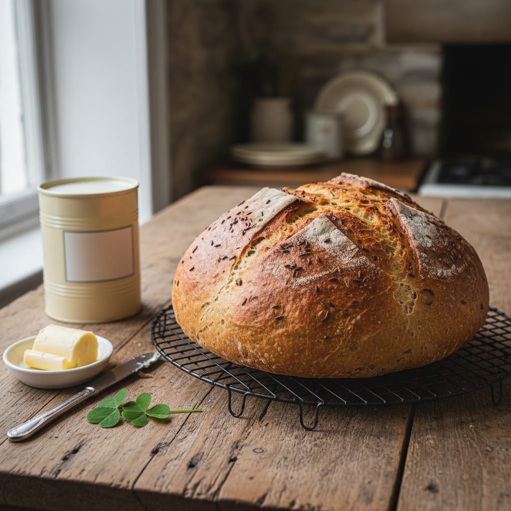 Round Irish soda bread loaf with deep X cross on top, golden crust, cooling on a wire rack beside a dish of Irish butter and a tin of buttermilk on a wooden farmhouse table