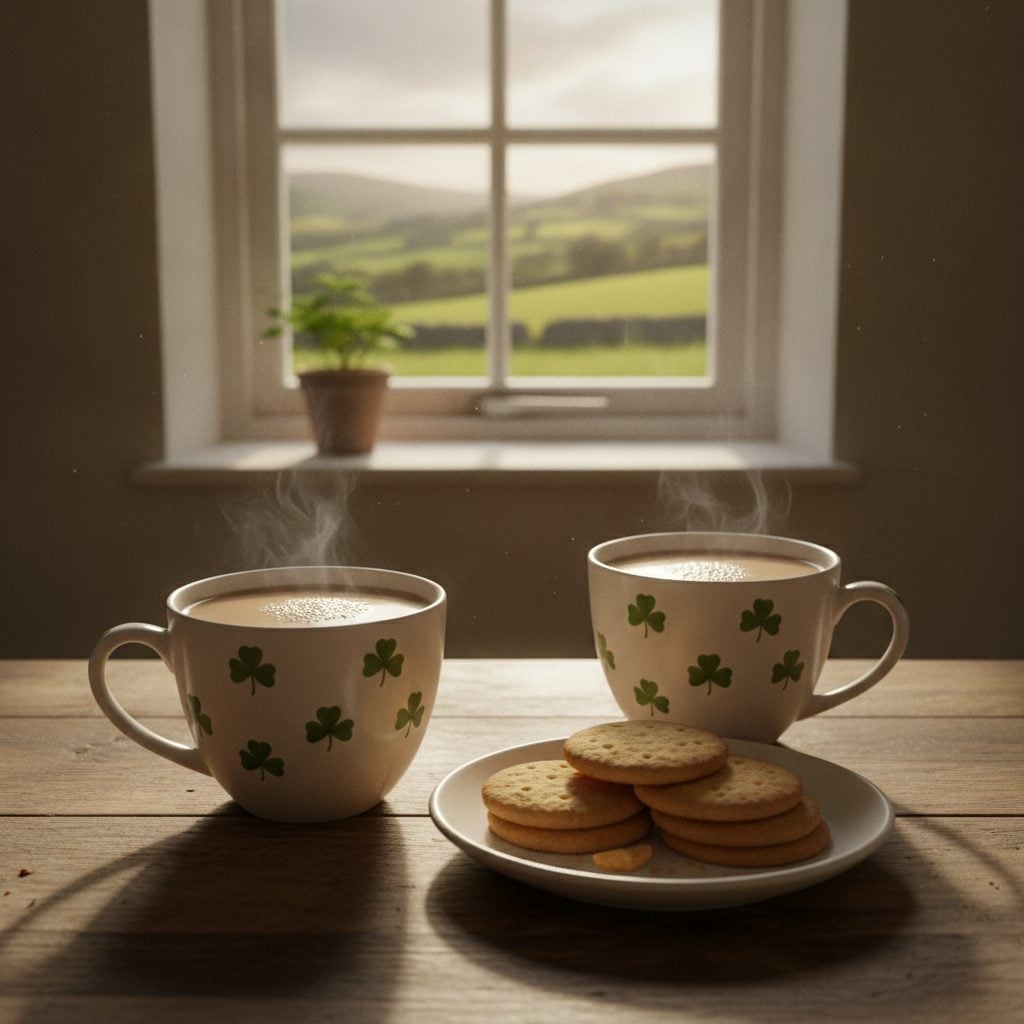 Two porcelain mugs of milky Irish tea on a wooden kitchen table with digestive biscuits and a window looking out on green countryside.