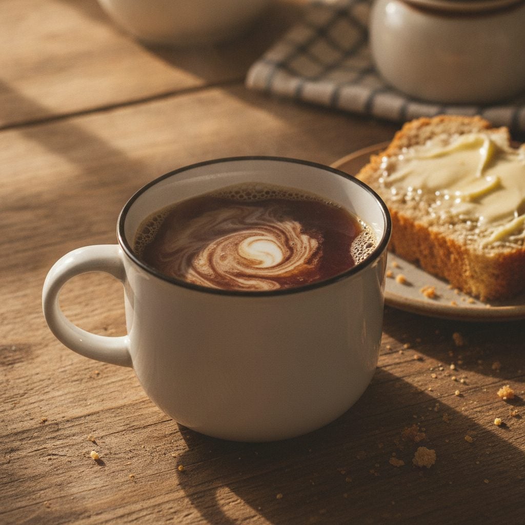 Porcelain mug of strong dark Irish tea with a swirl of milk on a wooden farmhouse table beside a slice of Irish soda bread with butter.