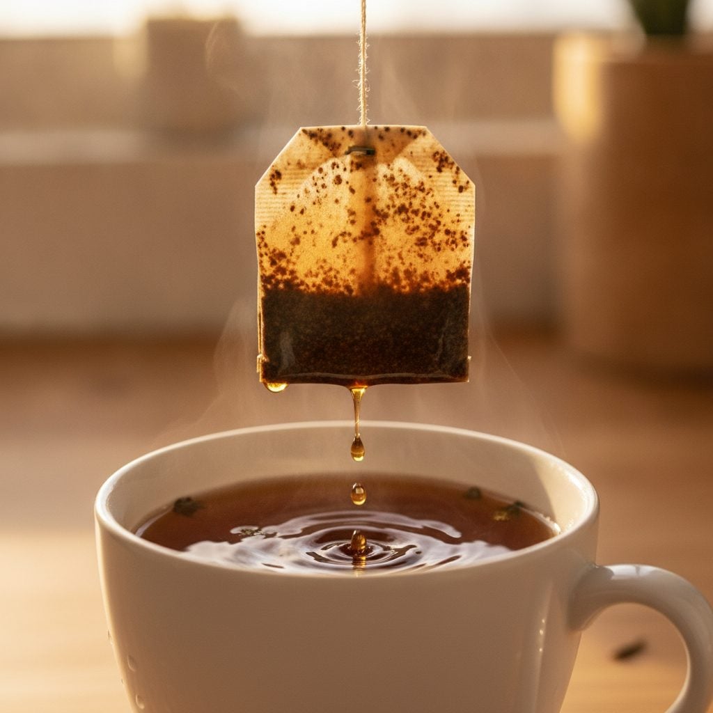 Tea bag being lifted from a steaming porcelain mug of strong Irish tea with droplets falling back into the cup.