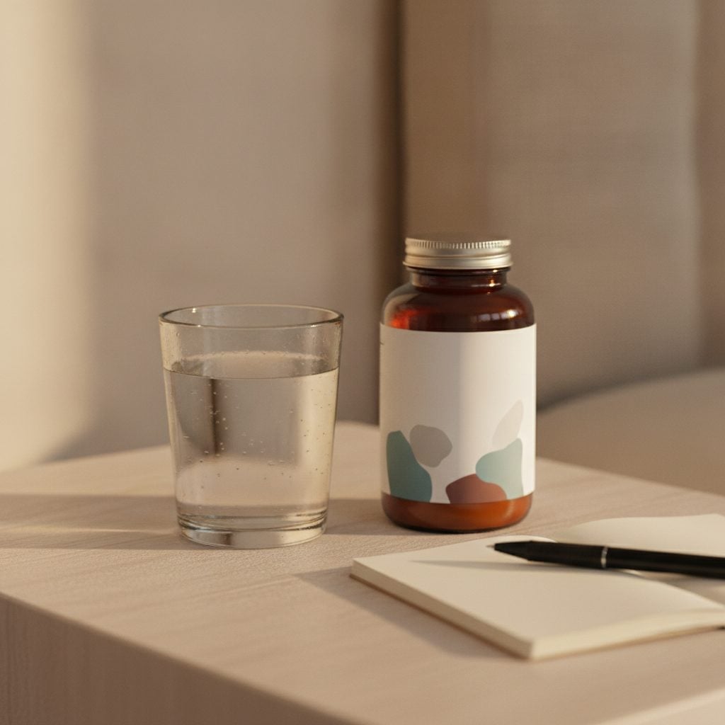 Glass of water and an iron supplement bottle on a wooden bedside table beside a small notepad and pen in soft morning light.
