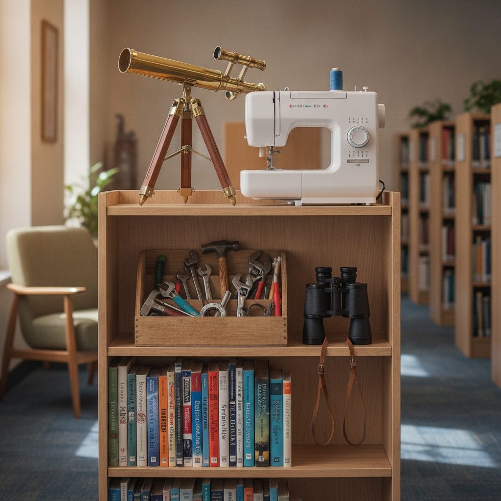 A library shelf holding a telescope, sewing machine, tools, and books, examples of items to borrow from your public library of things
