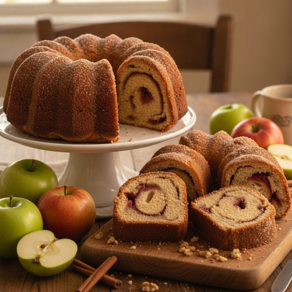 Tall sliced Jewish apple Bundt cake showing apple layers inside with fresh apples on a wooden board