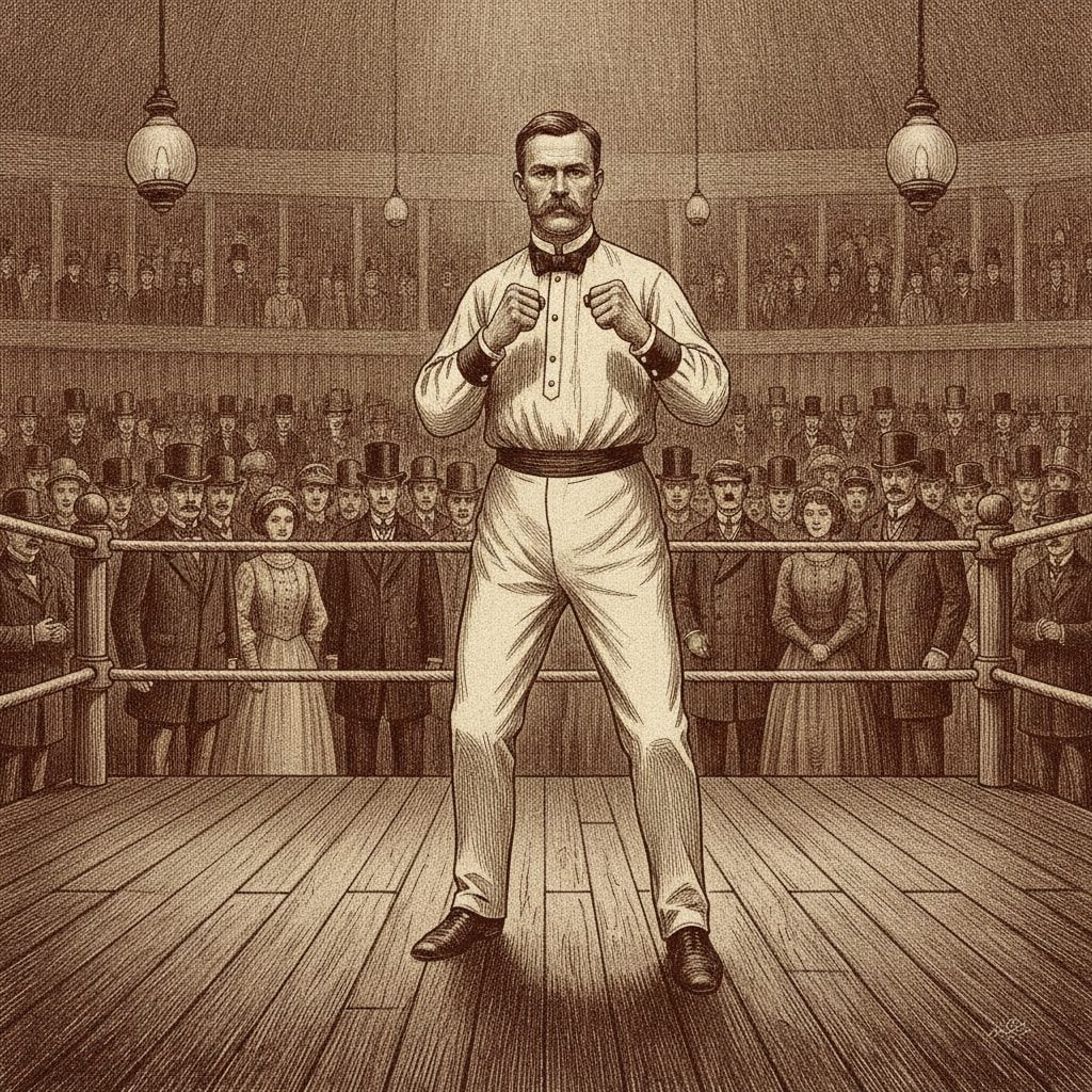 Painted historical scene of 19th century American boxer John L. Sullivan in his full-length boxing attire on a Victorian-era boxing stage in sepia tones.