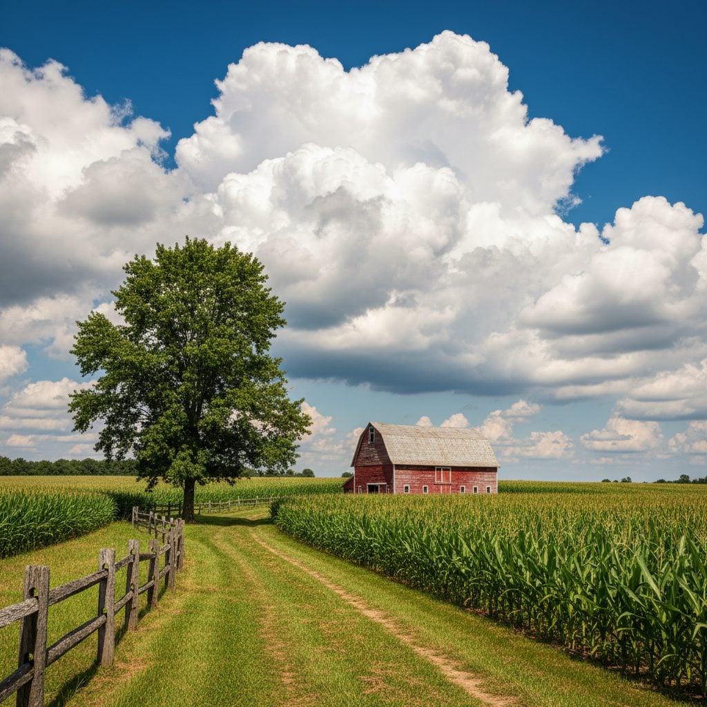 Summer Pennsylvania farm field with tall corn stalks and towering white cumulus clouds rising against a deep blue July sky, weathered red barn in the distance