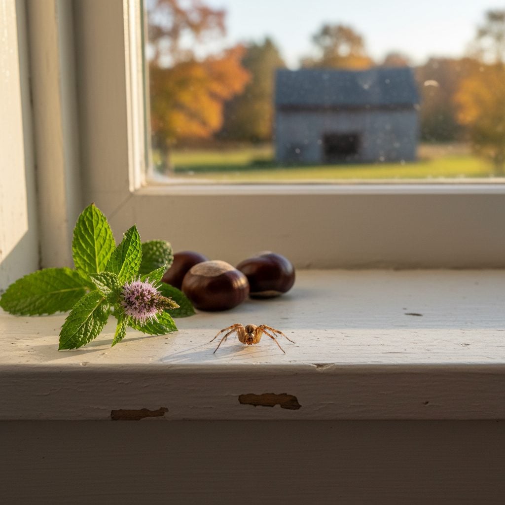 Common house spider on a farmhouse windowsill next to peppermint and horse chestnuts, natural ways to keep spiders out of your house