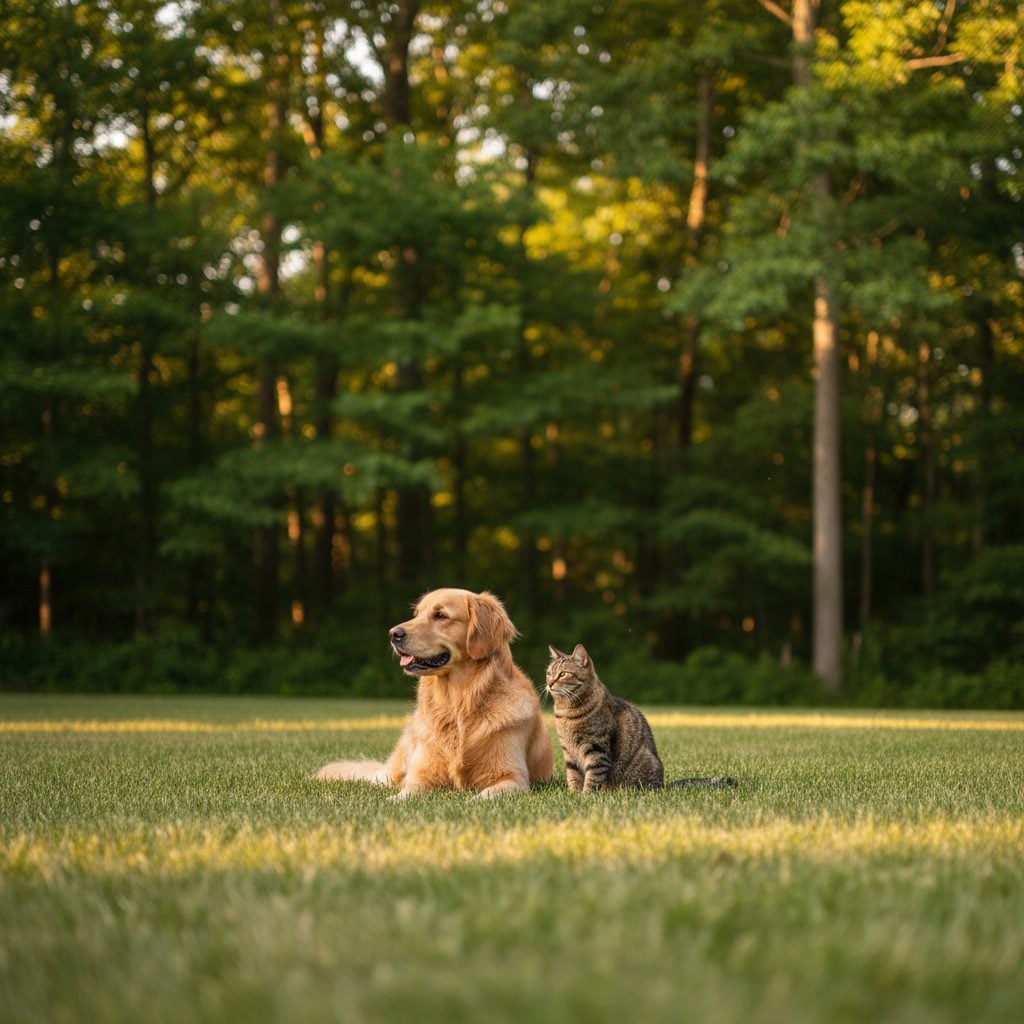 Golden retriever and tabby cat on a mowed lawn at a wooded edge, the right yard setup to keep ticks off pets.
