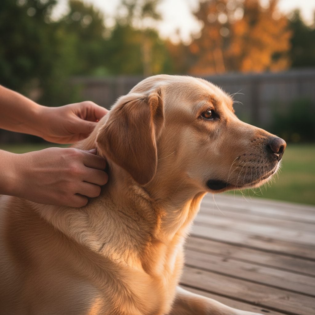Hands parting a golden labrador's fur during a head-to-tail tick check on a porch in summer evening light to keep ticks off pets.