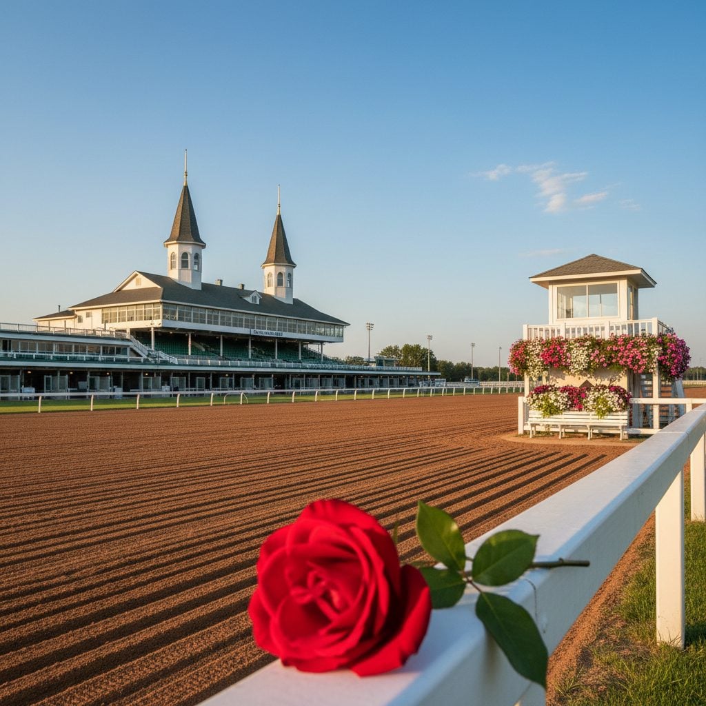 Churchill Downs Twin Spires at golden hour on Kentucky Derby day with a single red rose on the rail and pink flowers on a judges' stand