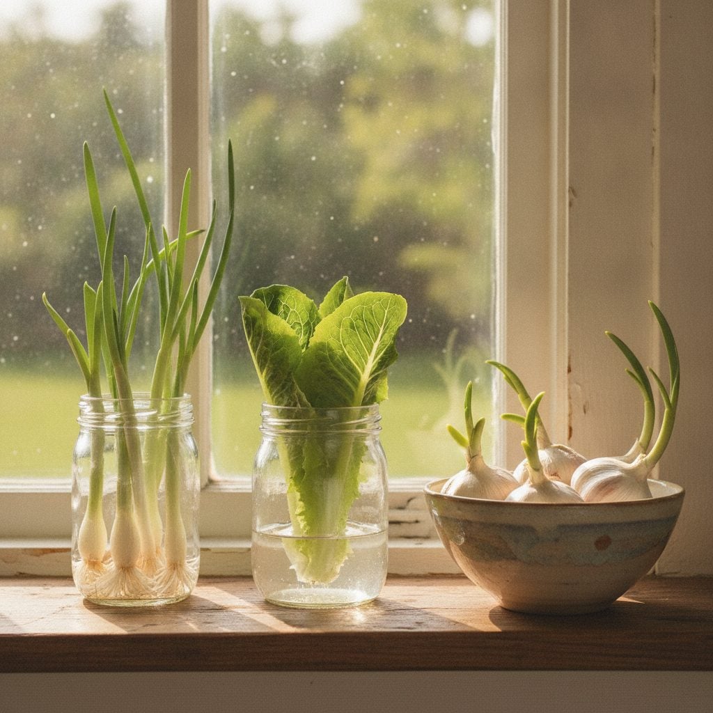 Sunny kitchen windowsill with glass jars of regrowing green onions, romaine lettuce hearts, and sprouting garlic cloves in morning light.