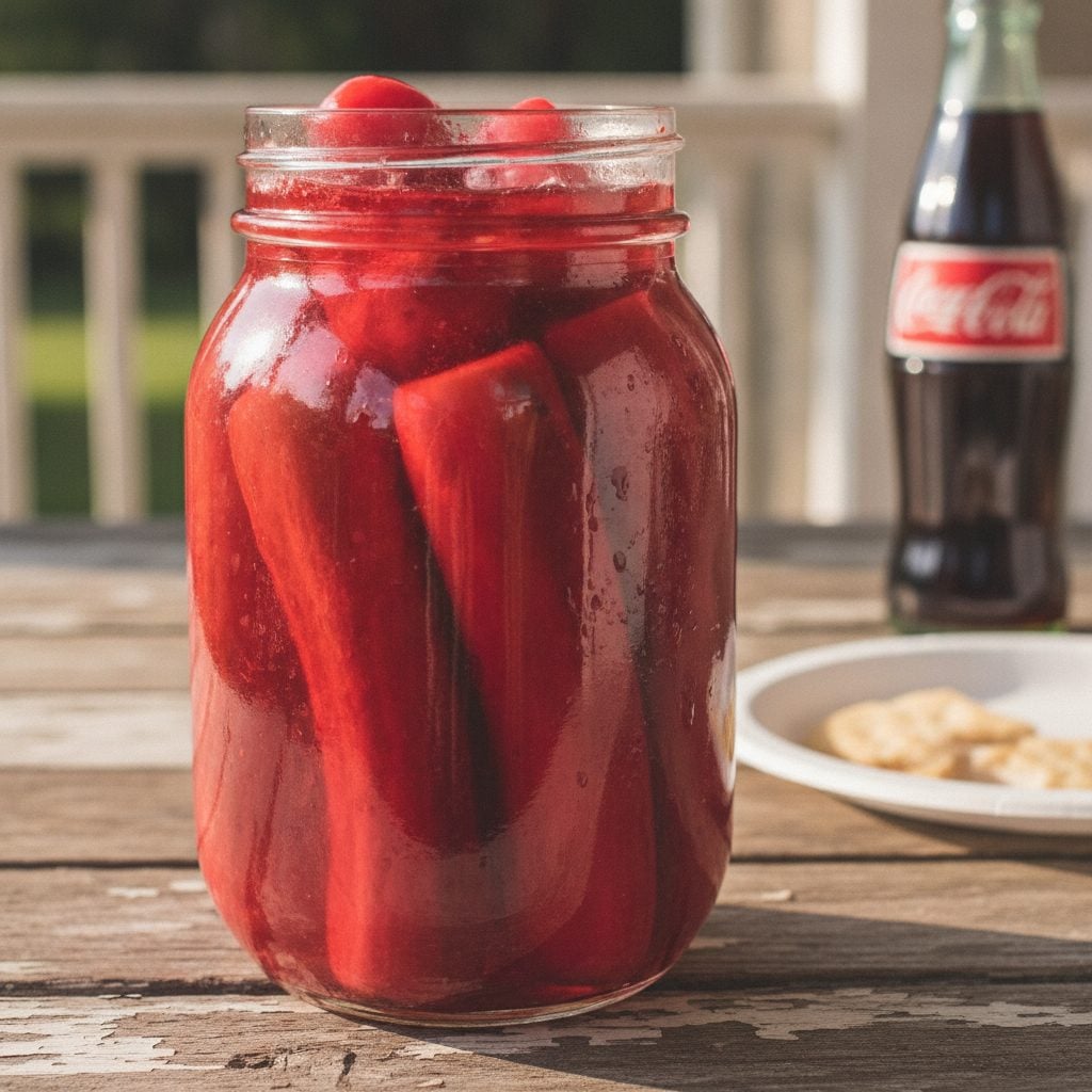 Mason jar of Mississippi Delta Kool-Aid pickles in deep cherry-red brine on a Southern porch table