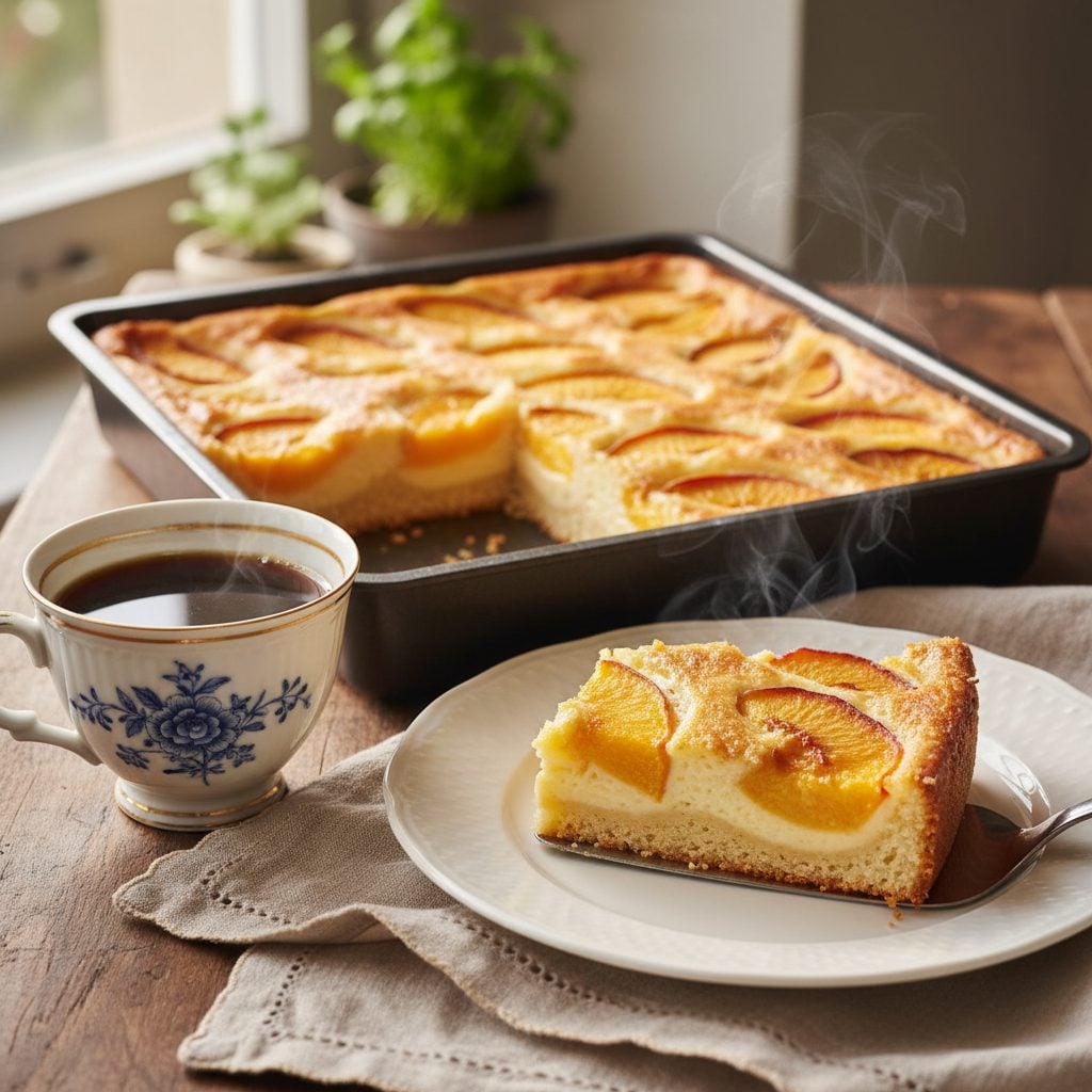 A golden peach kuchen with set custard in a square pan, one corner slice lifted onto a white plate beside a small cup of dark coffee on a linen napkin