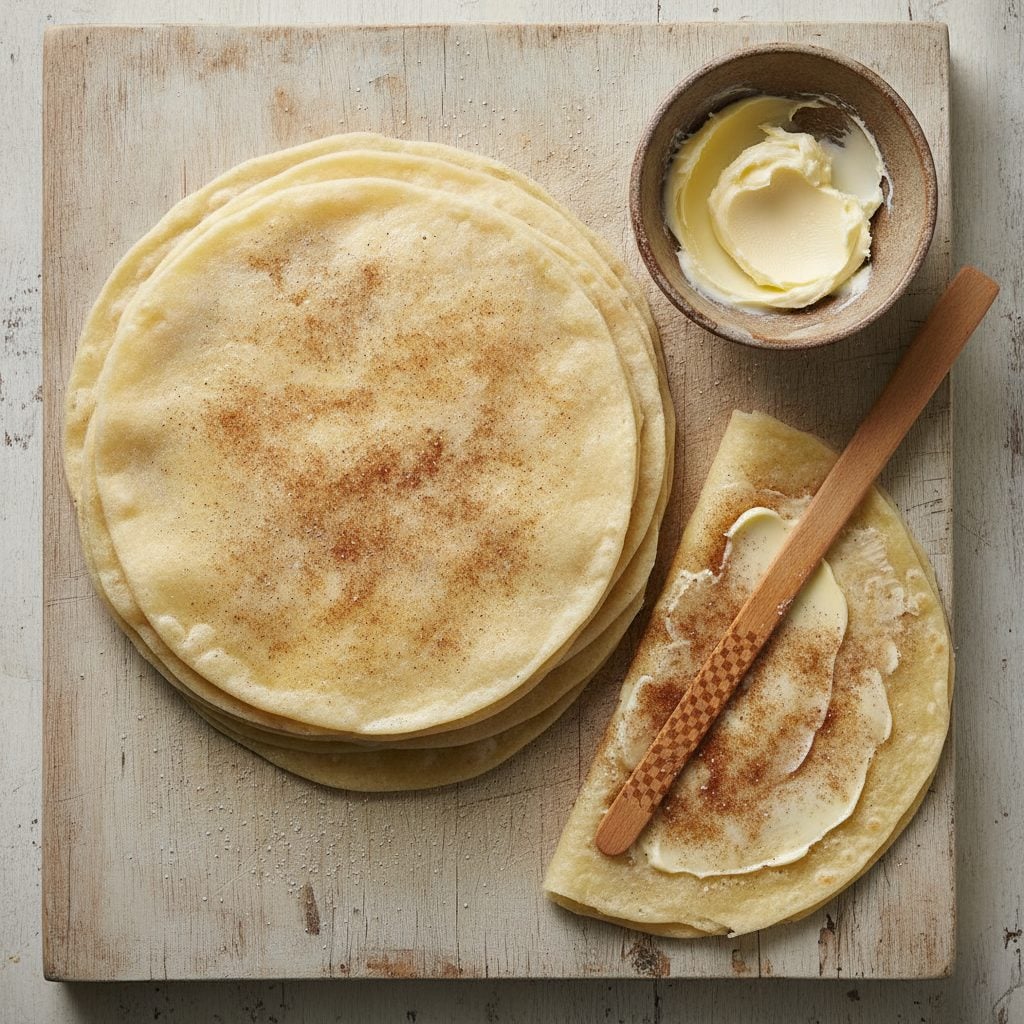 Stack of folded Norwegian lefse with one piece unfolded showing butter and cinnamon sugar inside