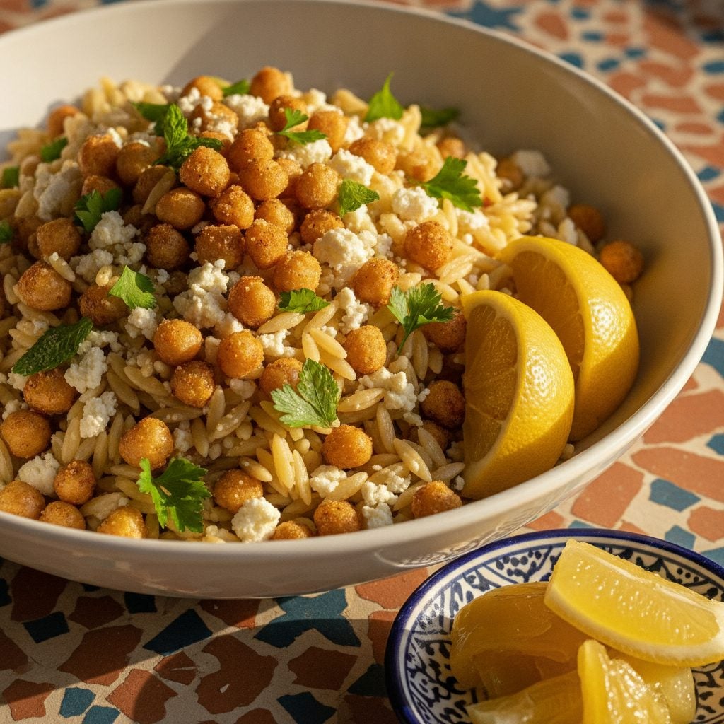 Bowl of Moroccan lemon chickpea orzo salad with crispy chickpeas parsley and feta