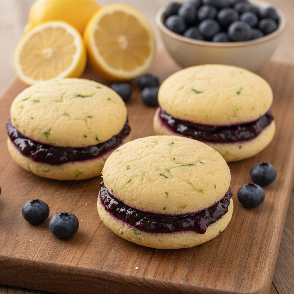 Lemon zucchini whoopie pies with blueberry filling on a wooden board