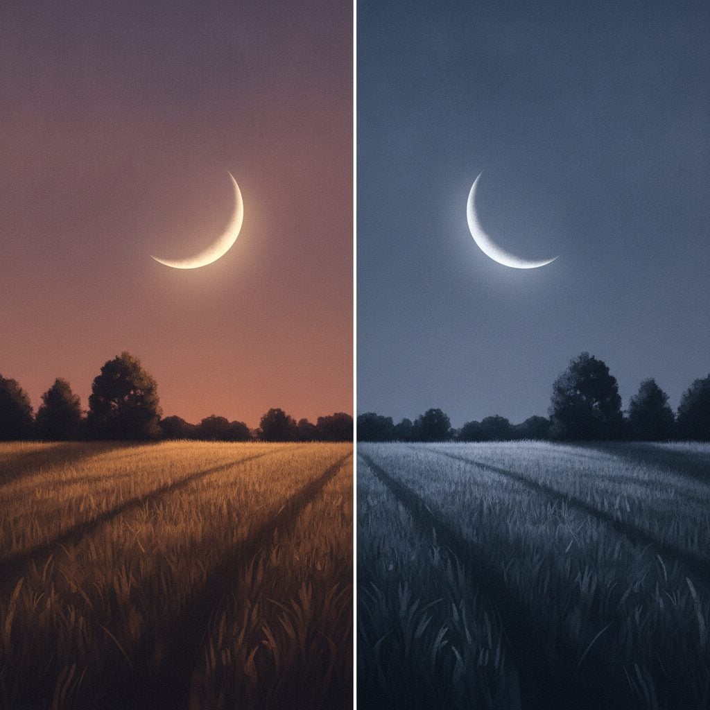 Side-by-side waxing and waning moon phases over a rural field, illustrating the light and dark of the moon folklore.