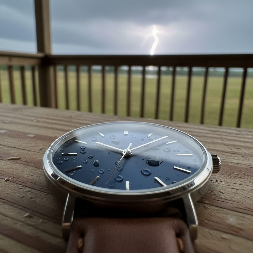 Wristwatch counting seconds as lightning flashes in the distance, illustrating the 30-30 Rule for lightning safety.