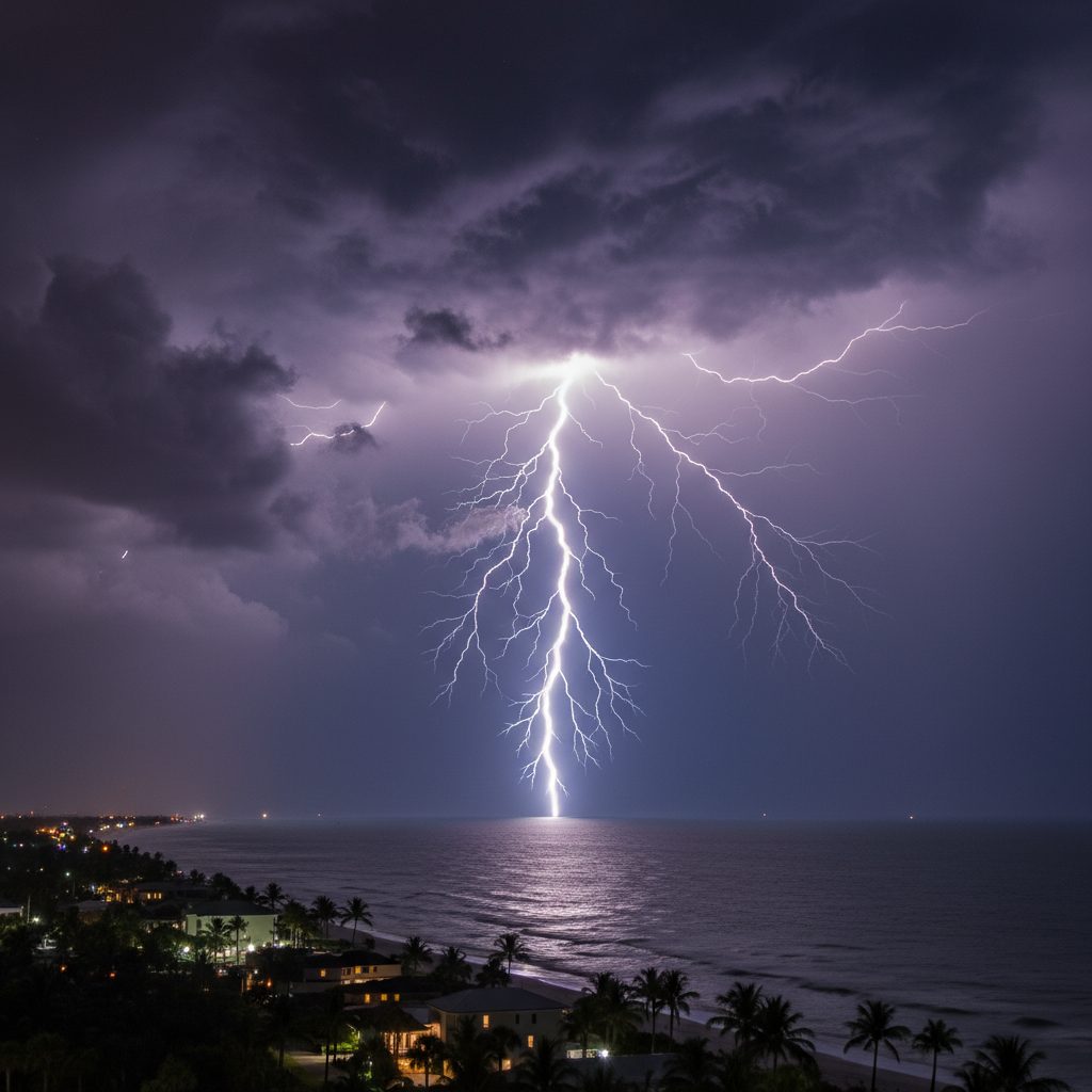 Massive branched cloud-to-ground lightning bolt over a Florida coastal town at night, illustrating lightning safety statistics.